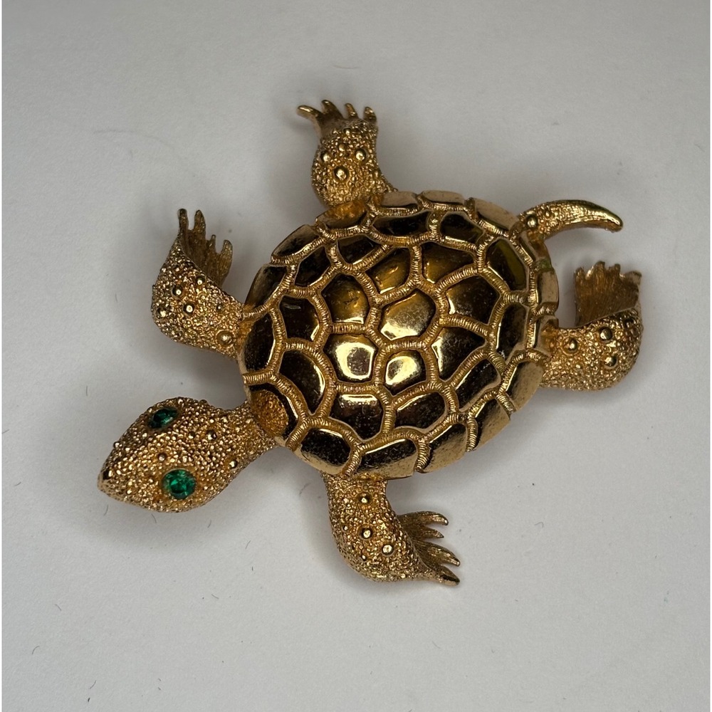 Vintage Monet Gold Tone Green Eye Rhinestone Turtle Signed Brooch Pin 2" Texture